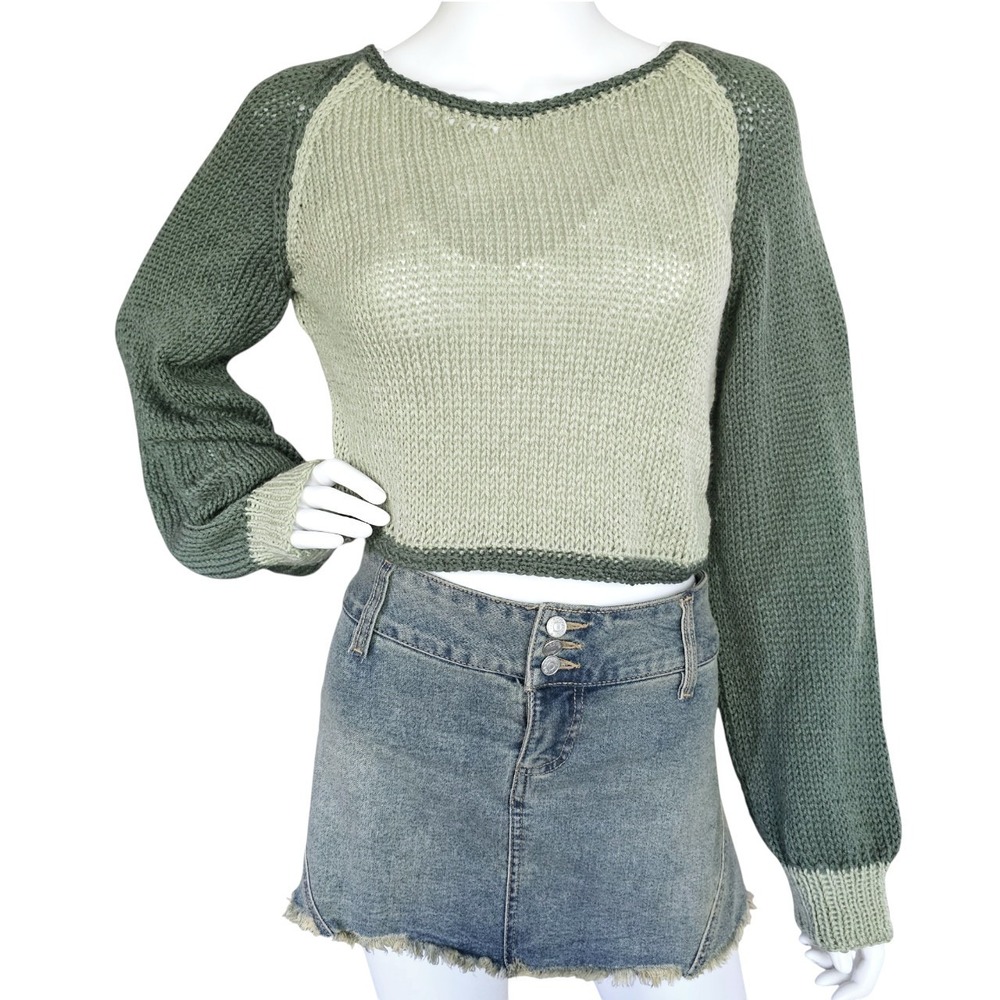 Handmade Knit Cropped‎ Sweater – Two Tone Green | Size Small-Medium
